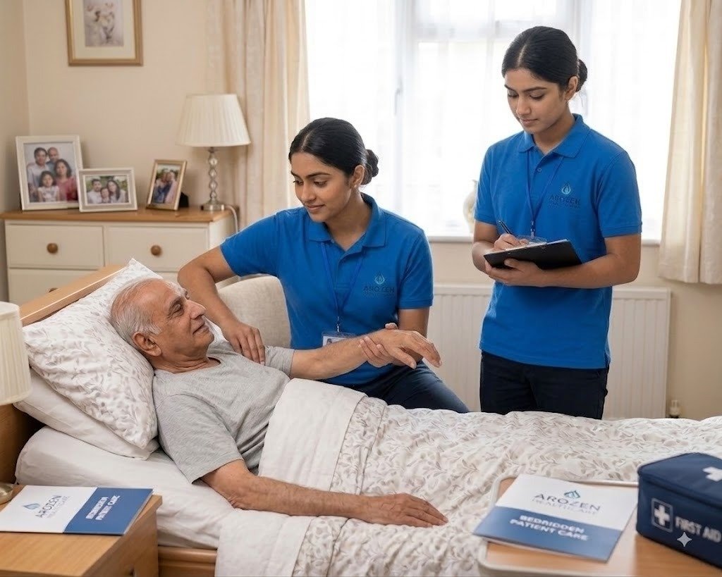 Caregiver assisting a bedridden patient at home