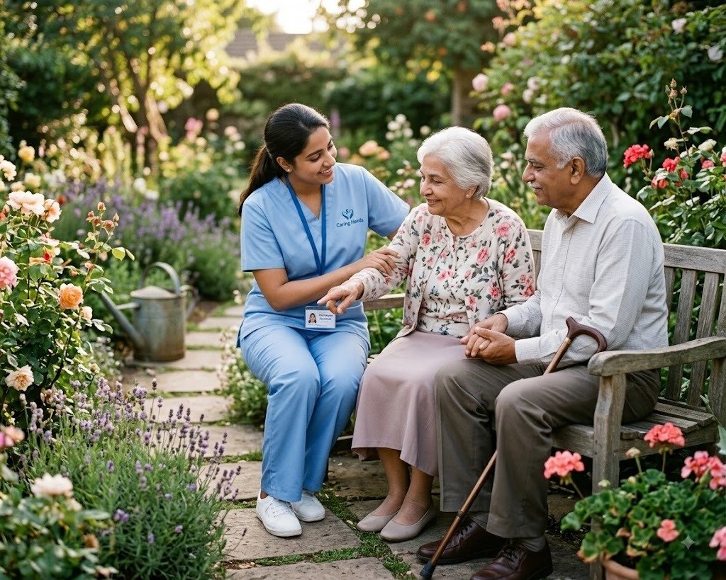 Caregiver providing companionship and elderly care at home
