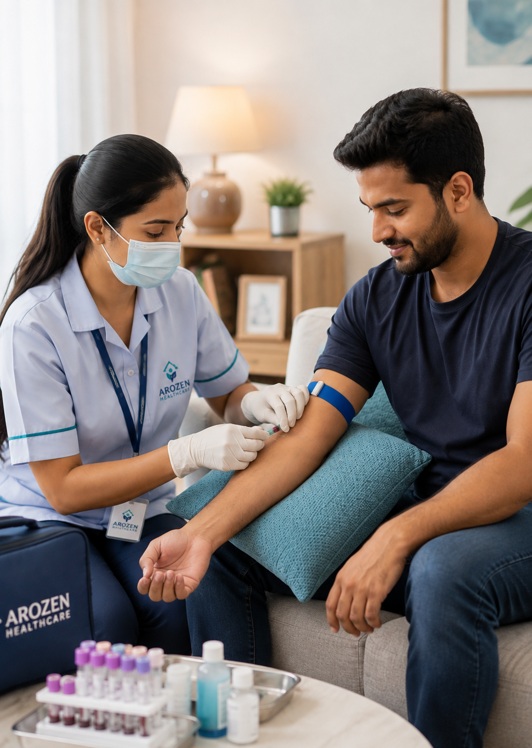Arozen phlebotomist collecting a diagnostic sample at a patient's home