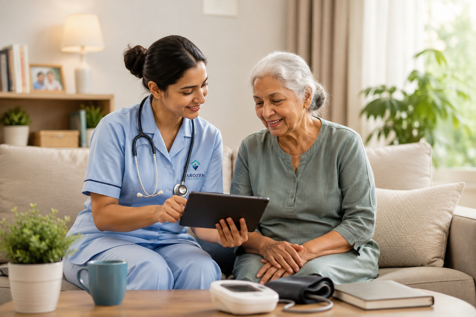 Arozen caregiver personalising a home care plan with a patient