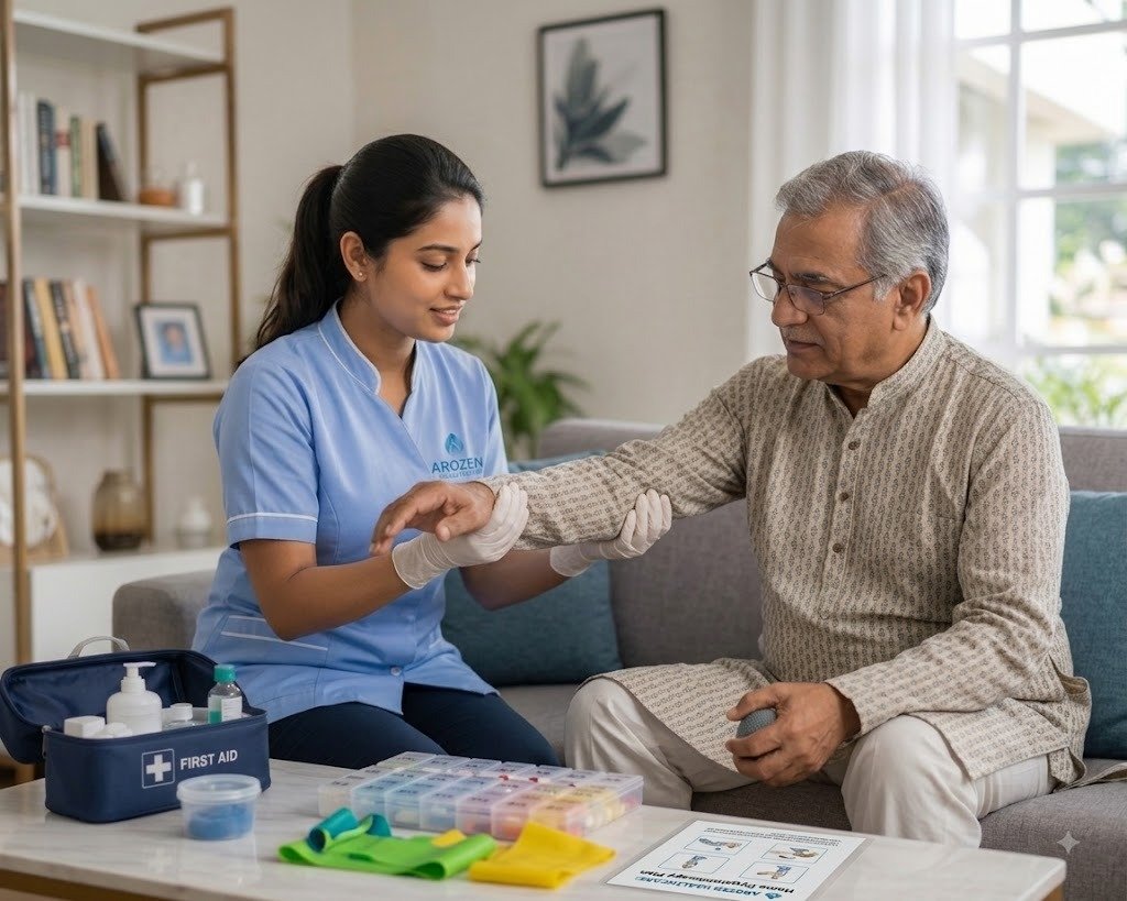 Physiotherapist guiding a patient through exercises at home
