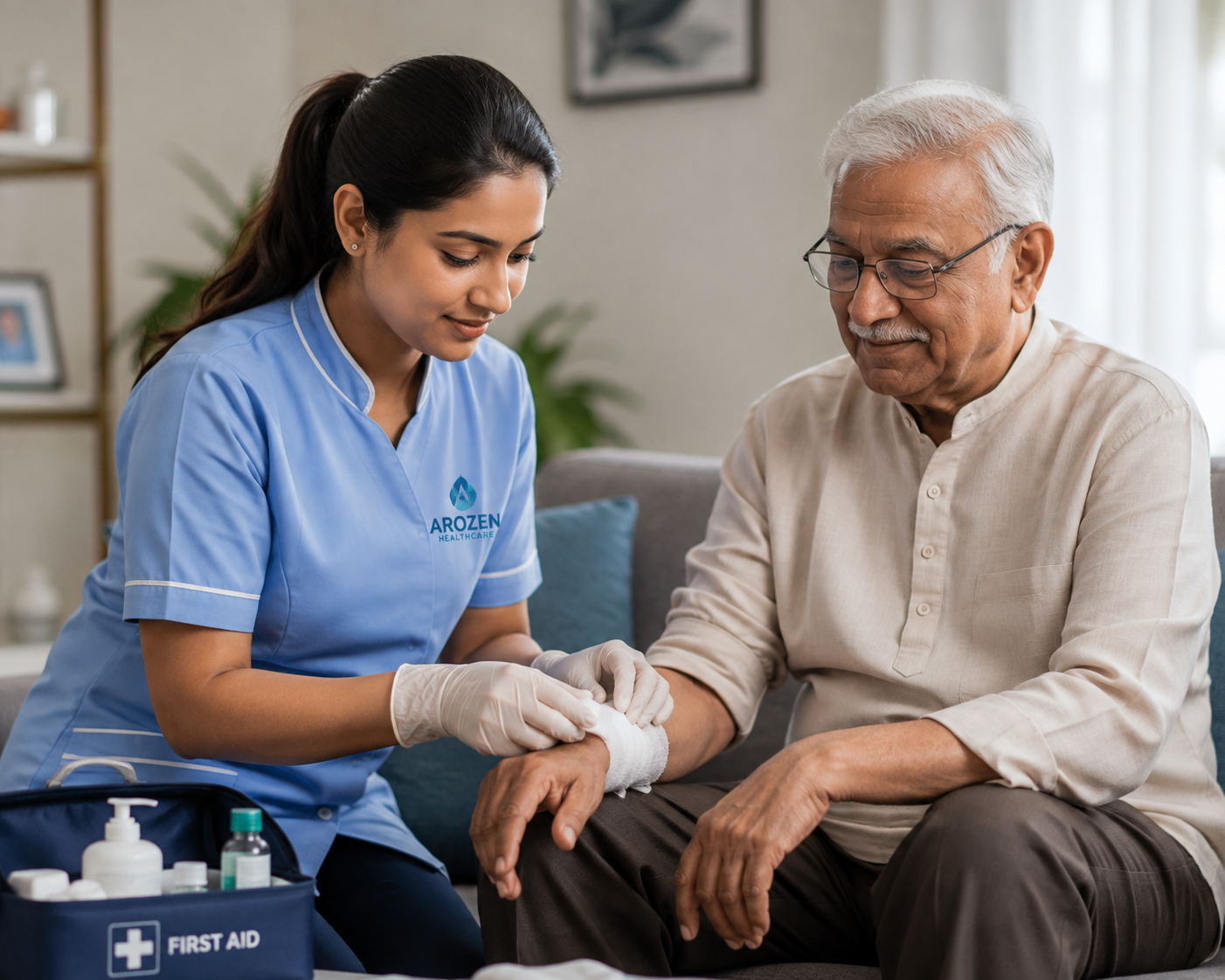 Arozen caregiver providing compassionate home healthcare to a senior citizen